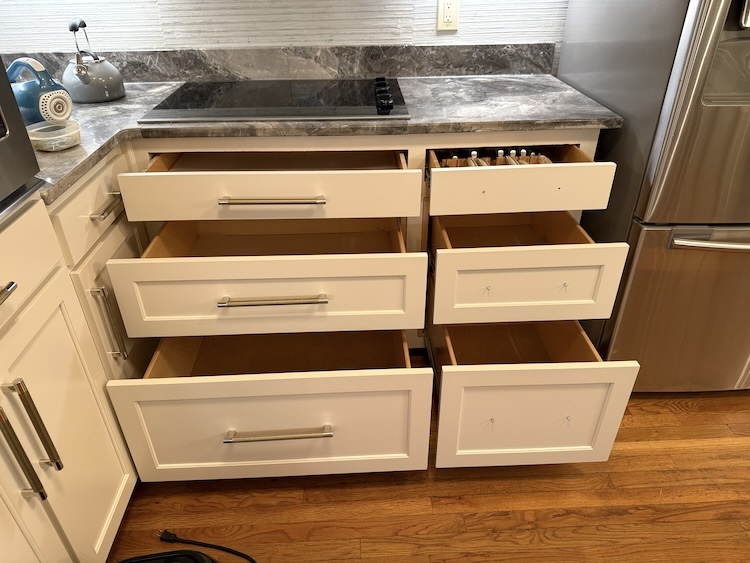 Close-up of new soft-close drawers installed in the lower cabinets of the Atlanta kitchen.
