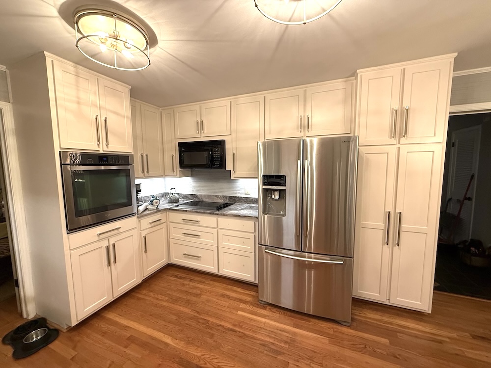 After photo of the updated Atlanta kitchen with new craftsman-style cabinet doors and hardware.